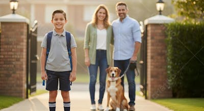 Criança com mochila família e cachorro