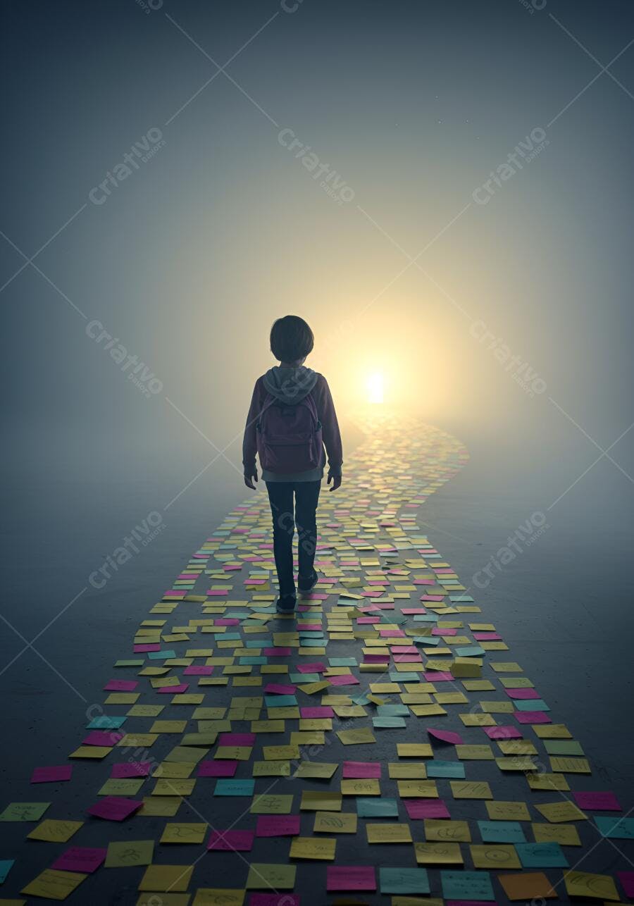 Criança caminhando em trilha de post-its