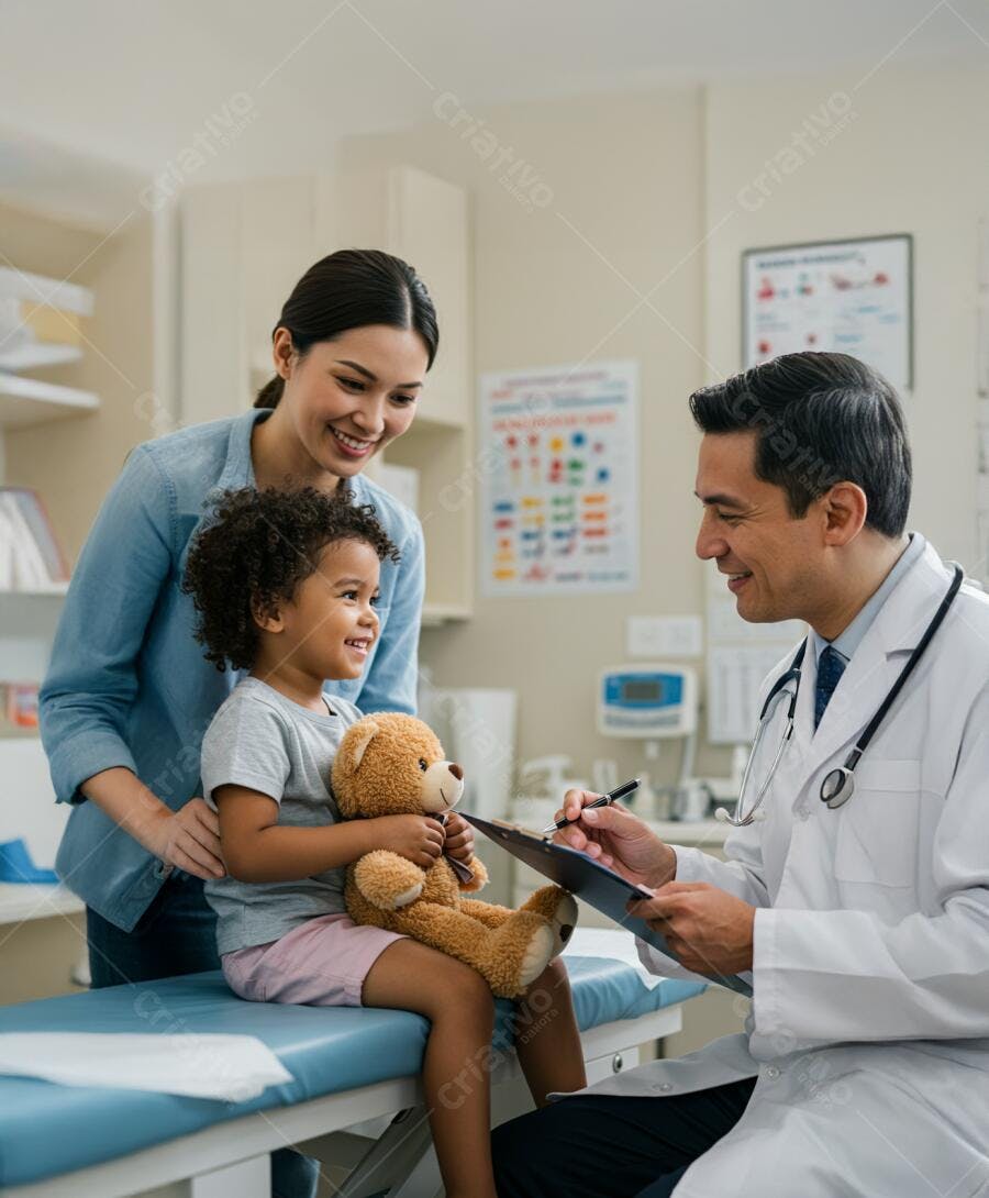 Criança com mãe e médico no consultório