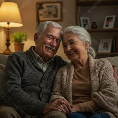 Casal idoso feliz em casa à noite