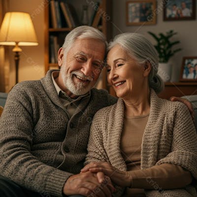 Casal idoso feliz em casa à noite