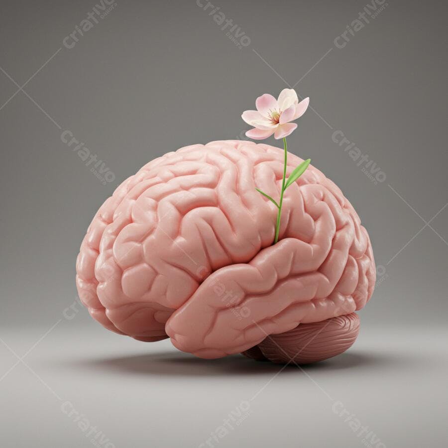 Cérebro com flor representando crescimento mental