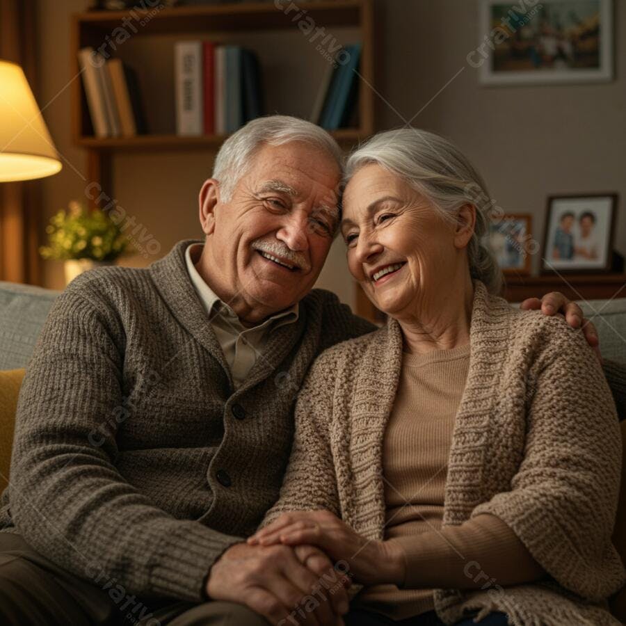 Casal idoso feliz em casa à noite