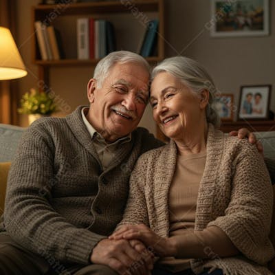 Casal idoso feliz em casa à noite