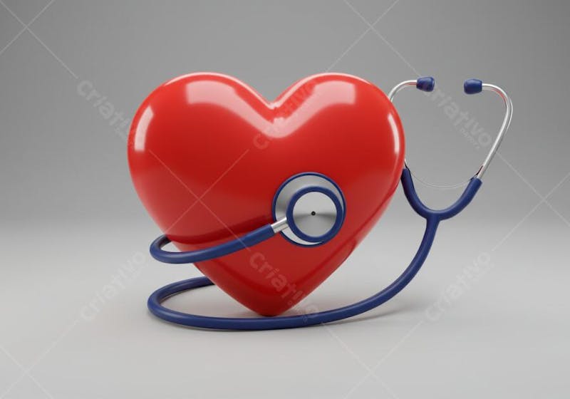 3D rendering of a shiny red heart with a blue stethoscope wrapped around it. Light gray background. Vibrant colors and sharp contrast. Medical and caring atmosphere.