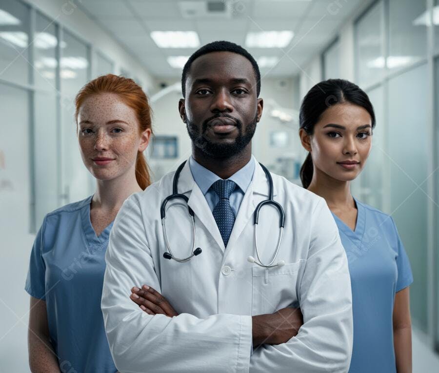 Médicos diversos em corredor de hospital