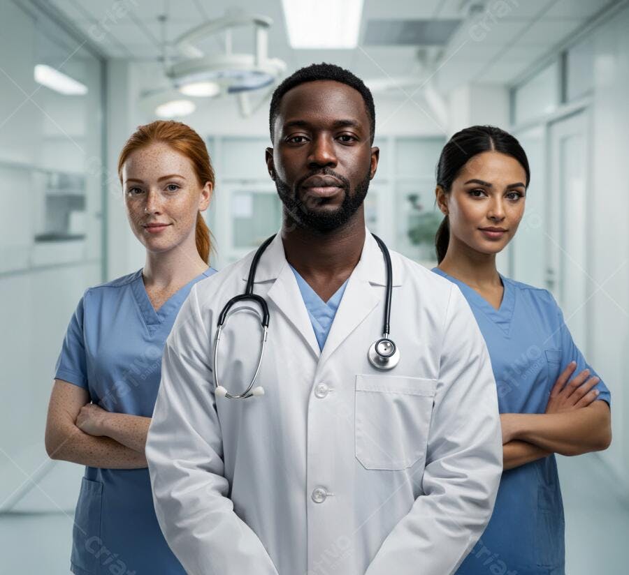 Médicos e enfermeiras em hospital moderno