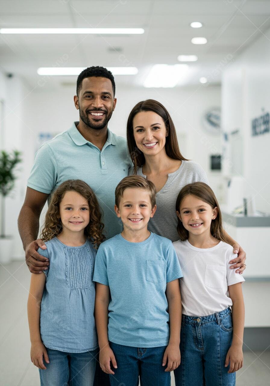 Família feliz sorrindo em ambiente claro