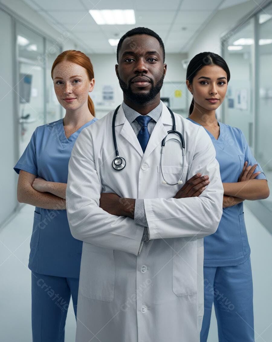 Médicos diversos em corredor hospitalar