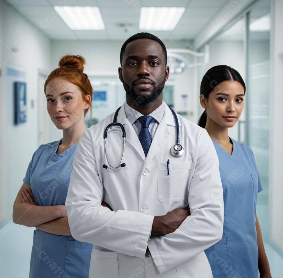 Médico e equipe médica em hospital