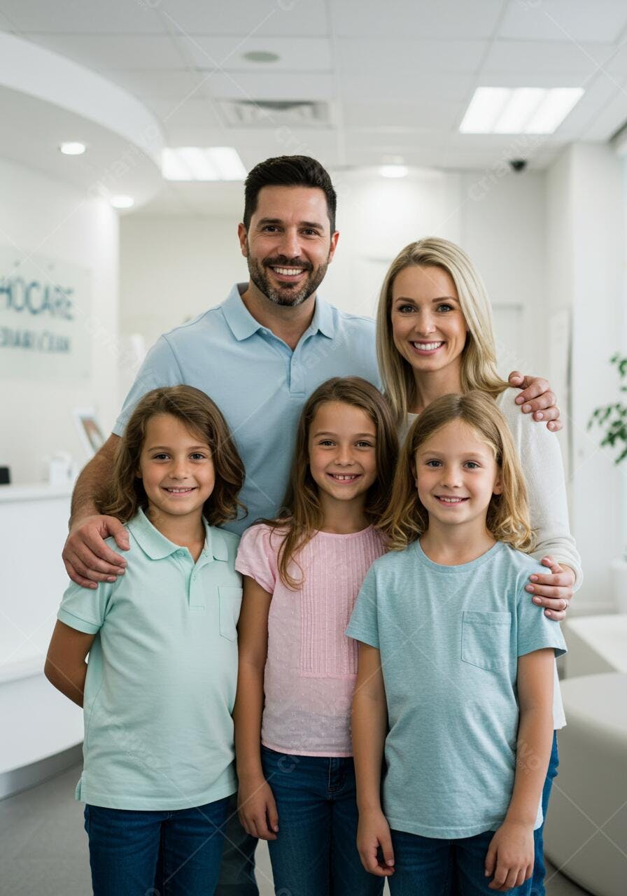 Família feliz em clínica médica