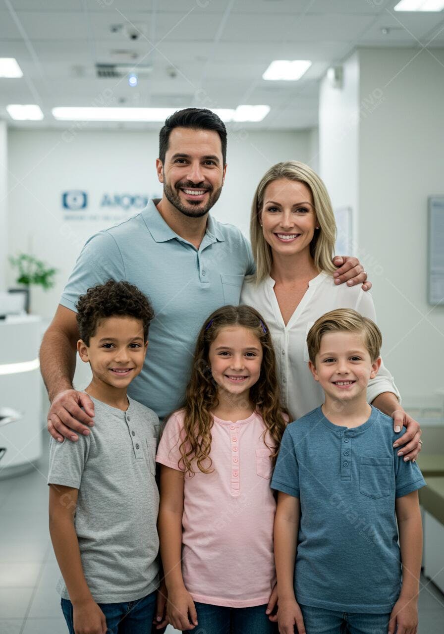 Família feliz em consultório médico