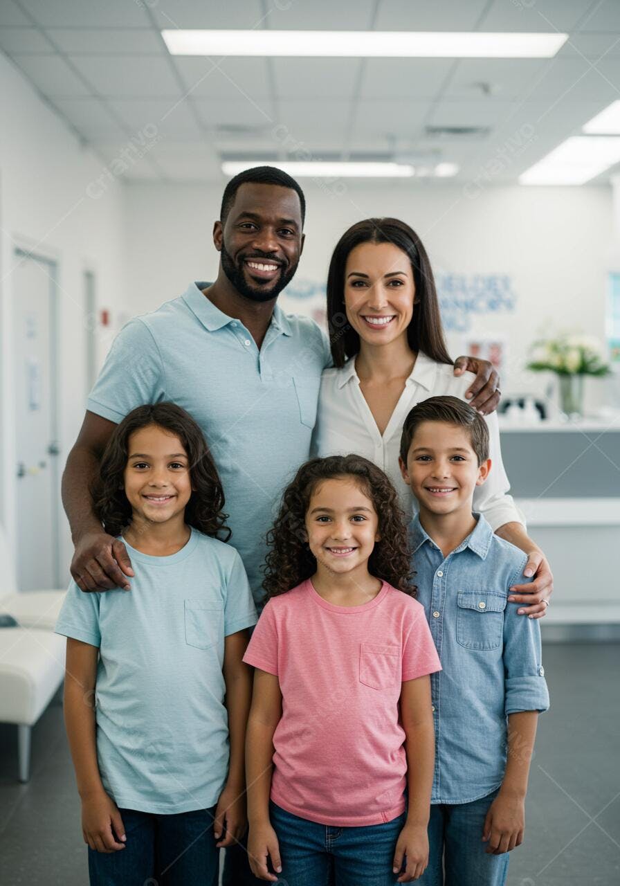 Família feliz em clínica médica