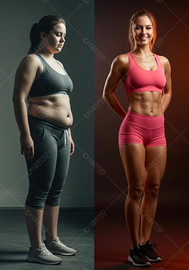 Before and after photography showcasing a woman's physical transformation. Left, dark tones and overweight woman in gray sportswear. Right, warm tones and a fit muscular woman in pink sportswear. Striking contrast between the two images.