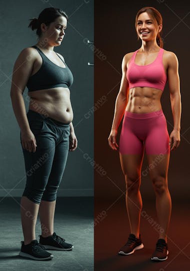 Image shows a woman's physical transformation. On the left, she is overweight wearing gray sportswear. On the right, she shows a defined body in pink sportswear. Dark and light tones contrast the change.