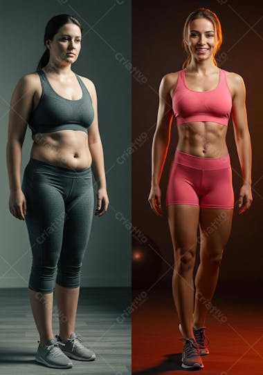 Split image showcasing a woman's physical fitness transformation. Left side shows darker tones and a woman with a larger body. Right side features warm lighting and a woman with a defined, muscular physique. Both wear athletic attire.