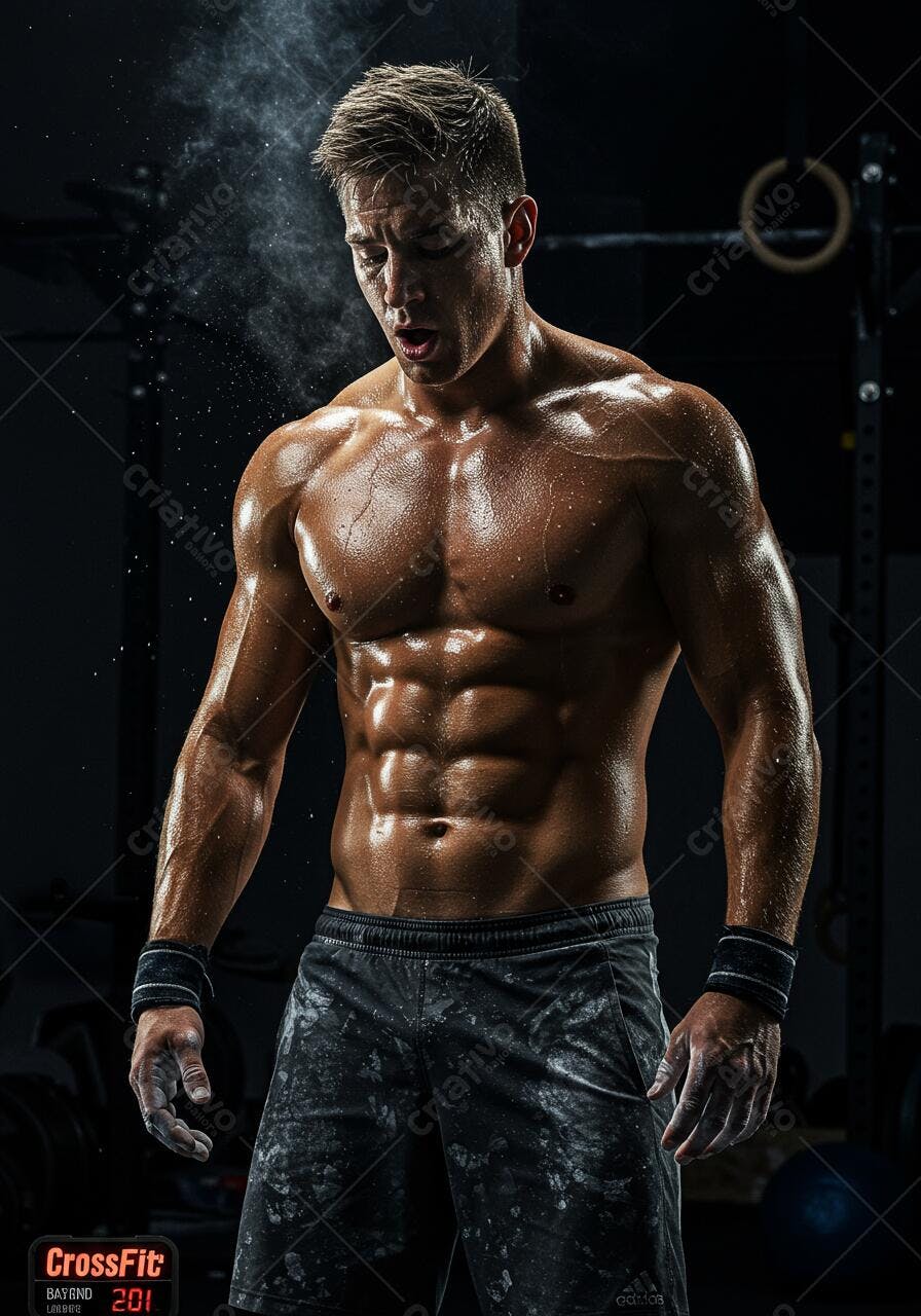 Atleta musculoso suado após treino CrossFit