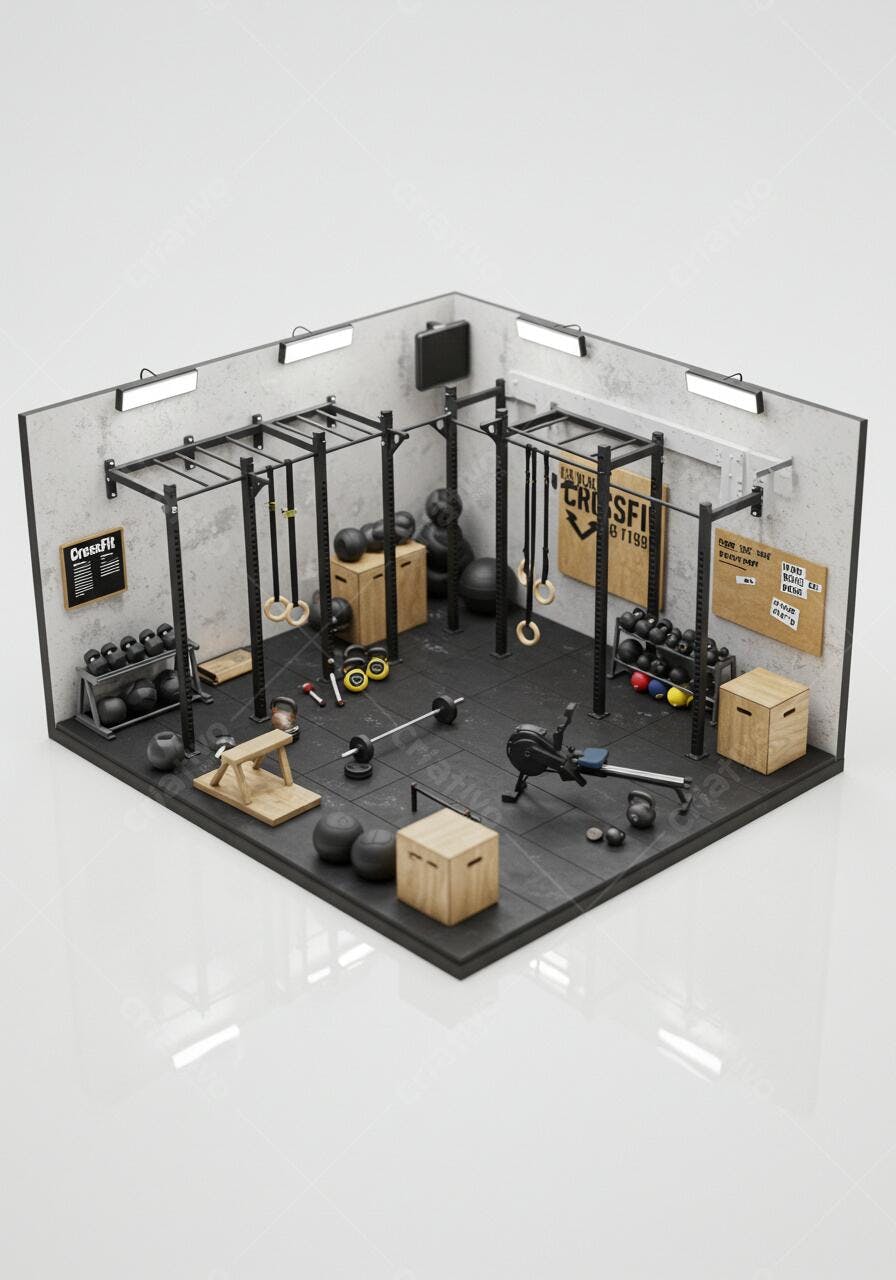 Box de CrossFit minimalista com equipamentos