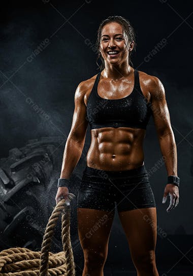 Image of a muscular, sweaty woman smiling after a workout, pulling a thick rope in a dark gym. Dark tones and lighting focused on the athlete. The atmosphere is one of strength and determination.
