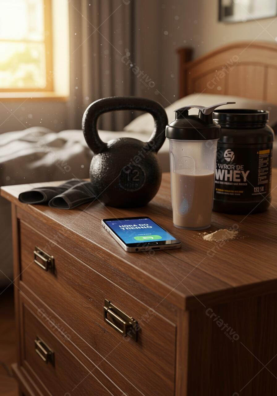 Halteres Whey e Smartphone treino matinal
