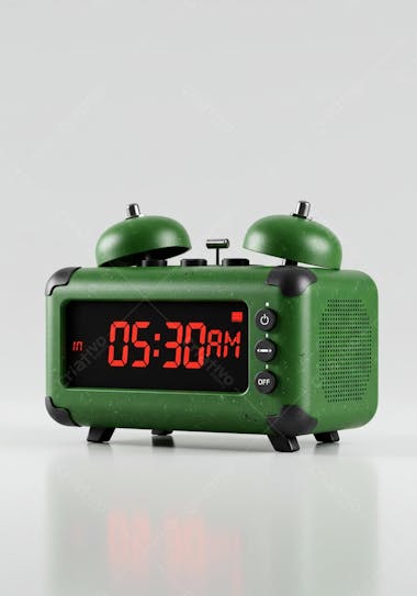 Olive green digital alarm clock with bells, displaying 05:30 AM. Retro design with a rough texture. Dark and vibrant colors. Red illumination on the digital display. Vintage atmosphere.