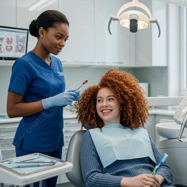 A smiling Black female dentist examines a young redhead patient with curly hair in a dental office. The scene features shades of blue, dark and light skin tones. Professional and welcoming atmosphere. Cheerful and positive expressions.