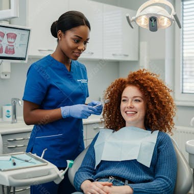 Image shows a young red-haired curly woman smiling during a dental checkup. A Black dentist holds a mouth mirror. Blue, white, and skin tones. Welcoming clinical environment.