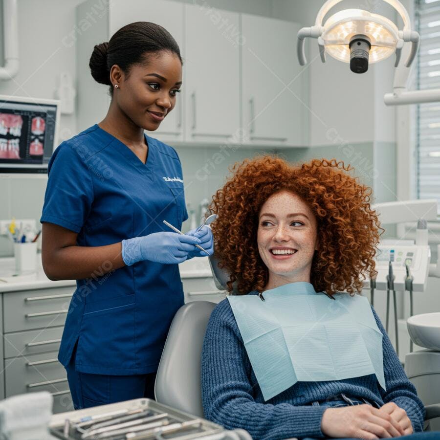 Dentista negra examinando paciente ruiva