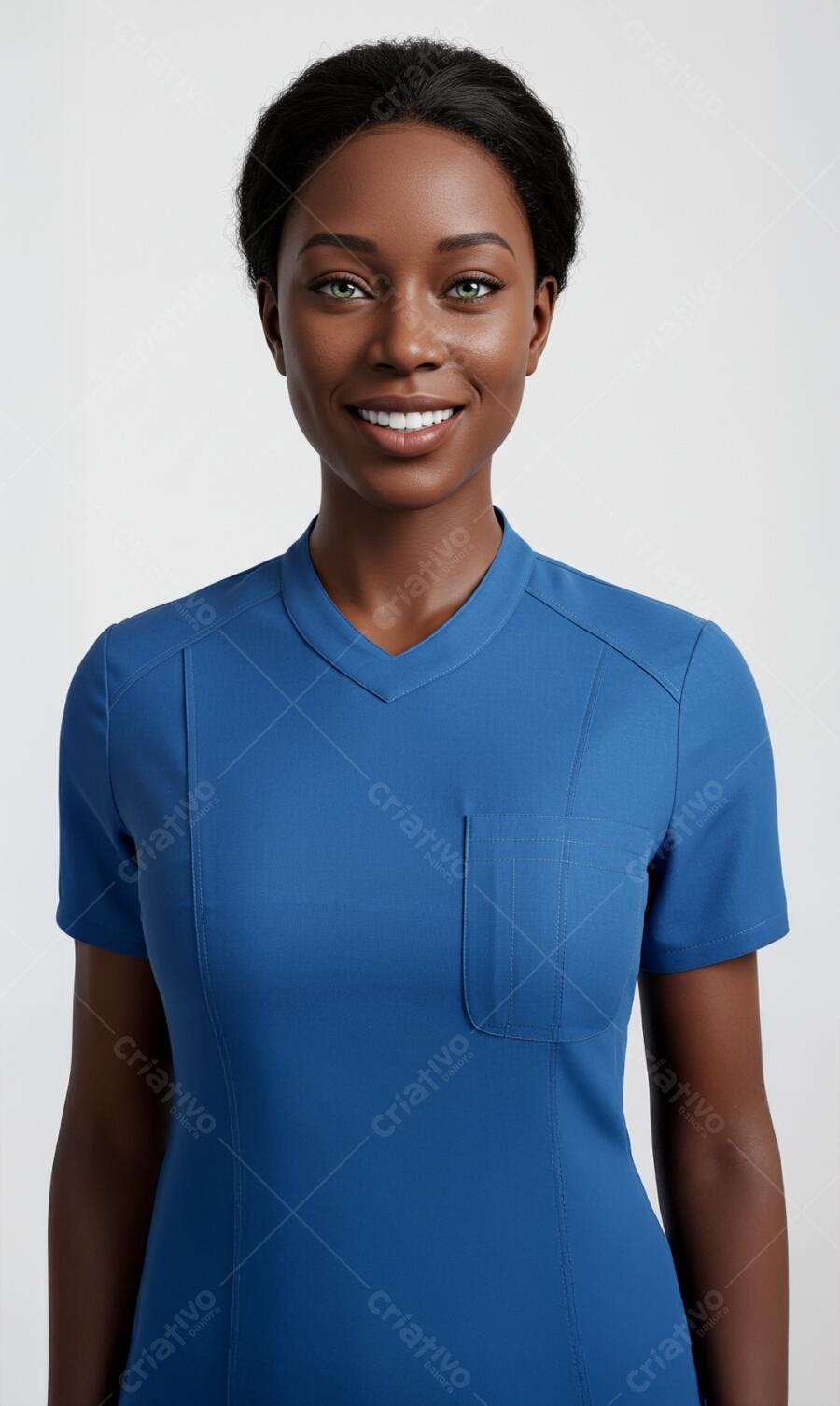Enfermeira negra sorrindo uniforme azul