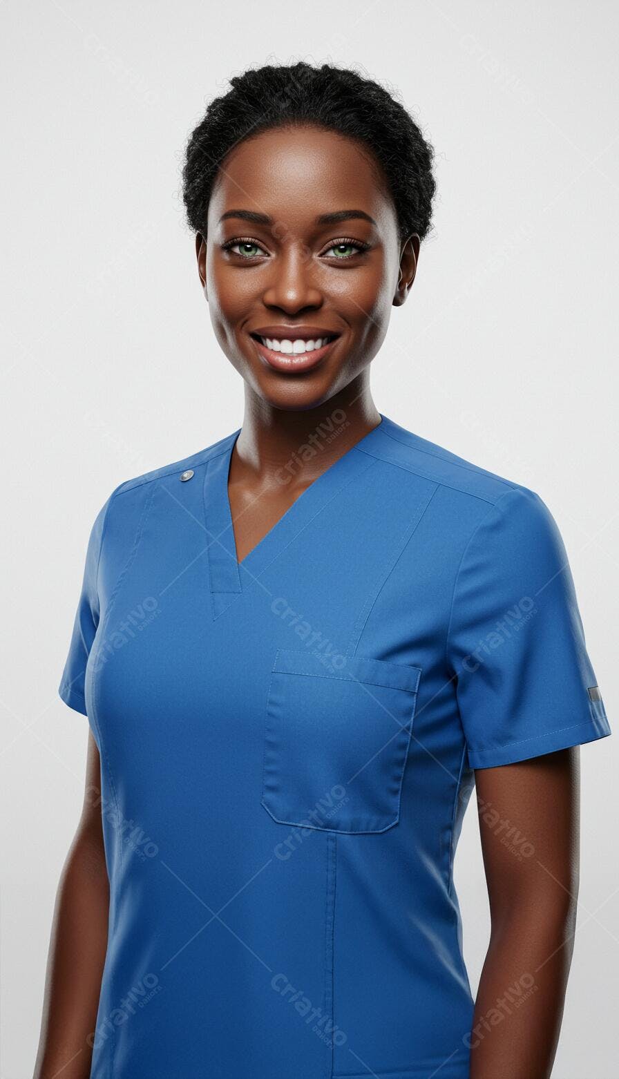 Enfermeira negra sorrindo uniforme azul