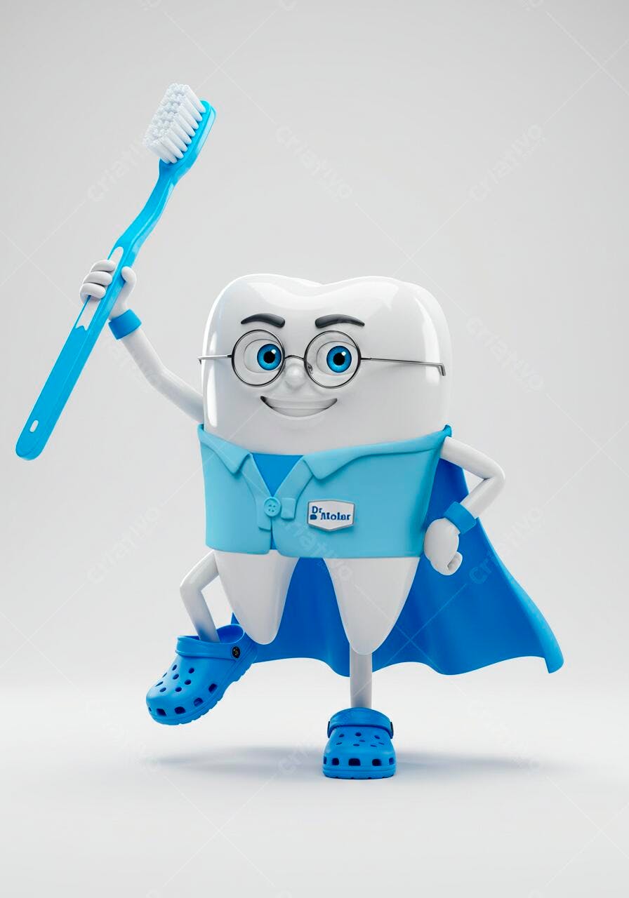 Dente super-herói com escova de dentes