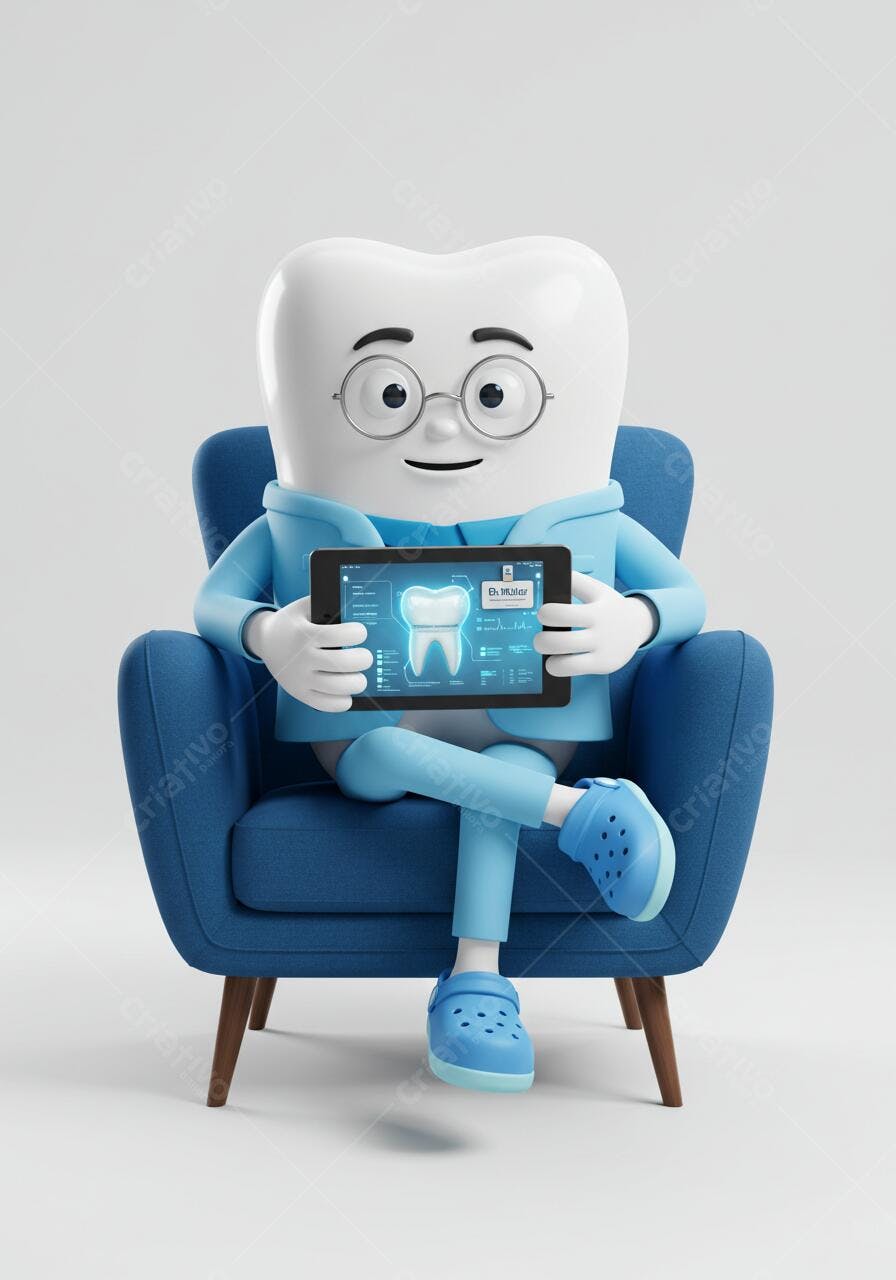 Dente Personagem analisando dados em tablet