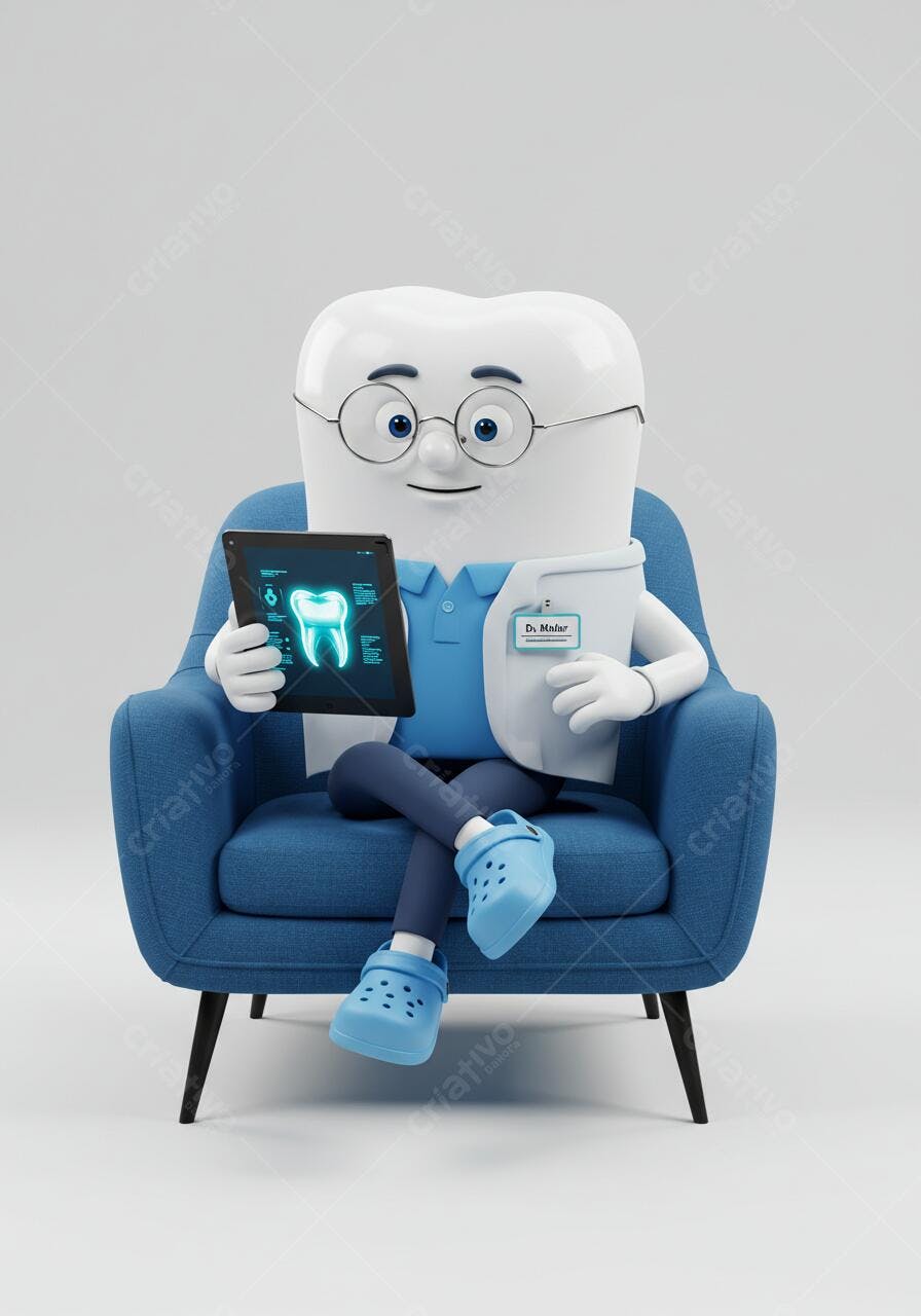 Dentista dente em poltrona azul analisando raio-x