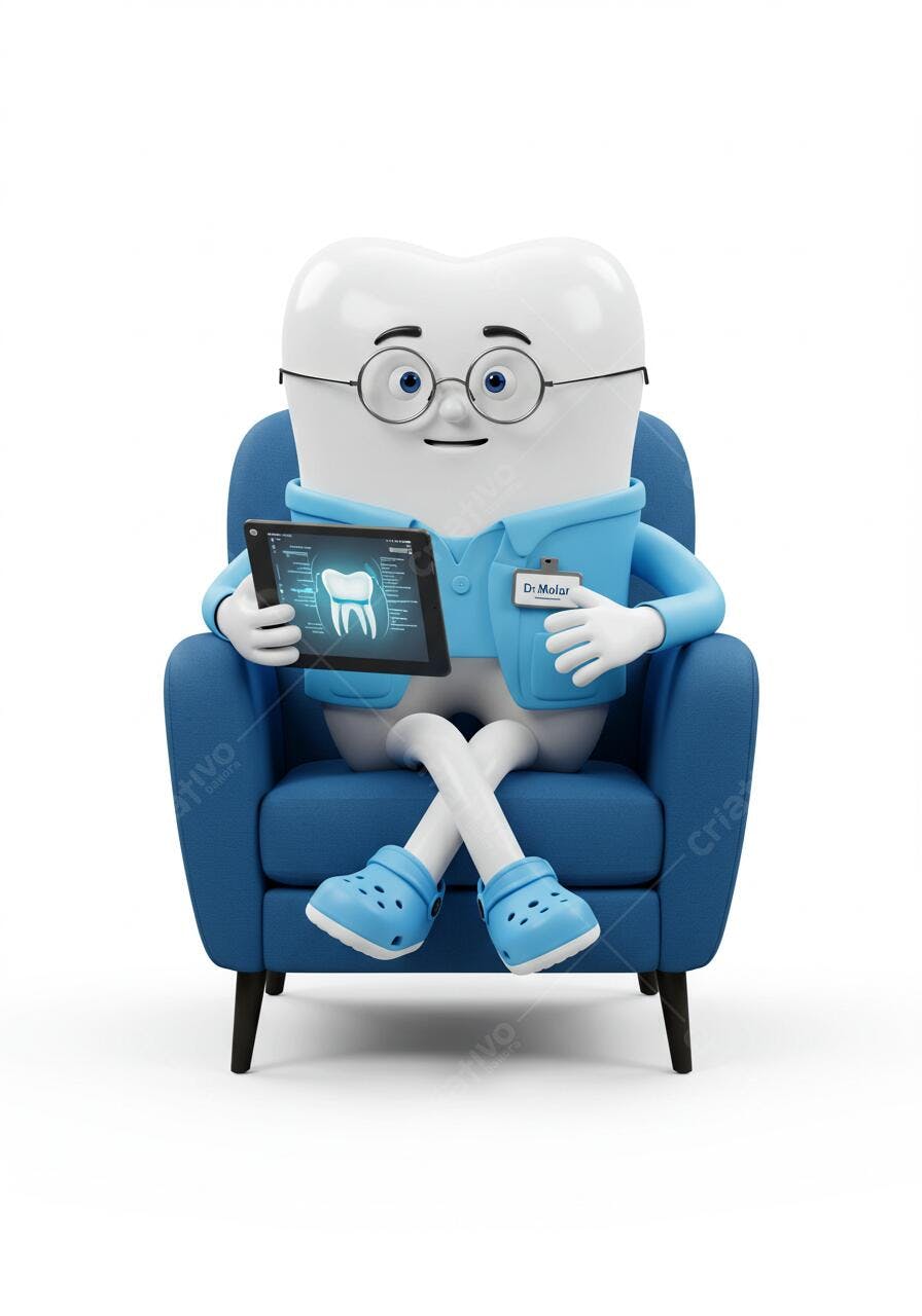 Dentista Dente em poltrona azul examinando raio-x