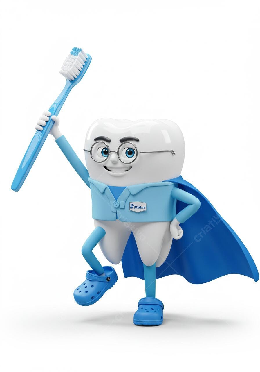 Dente super-herói com escova de dentes