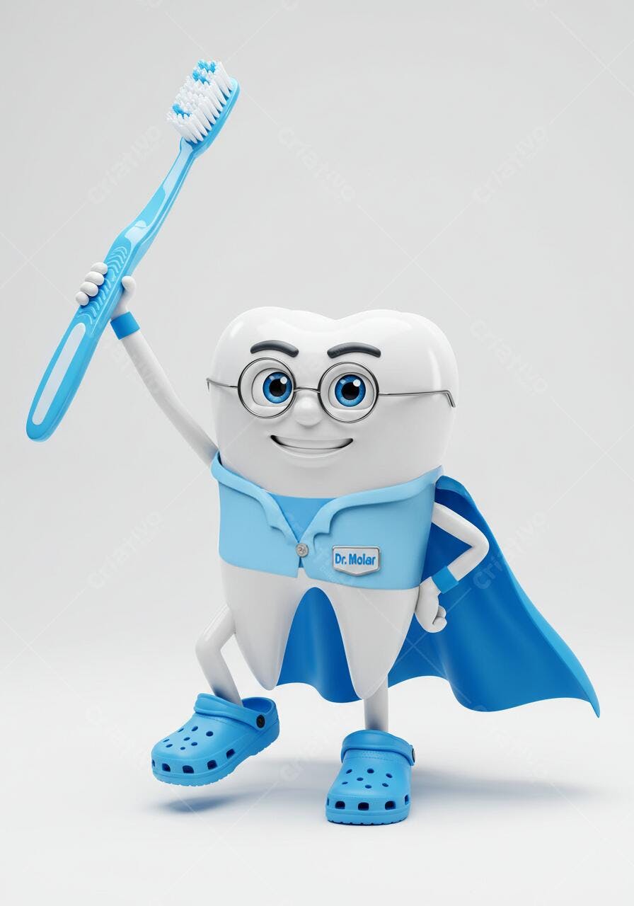 Dente super-herói com escova de dentes