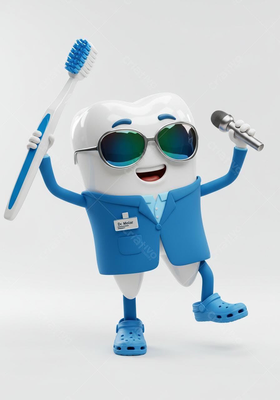 Dentista dente animado cantando com escova