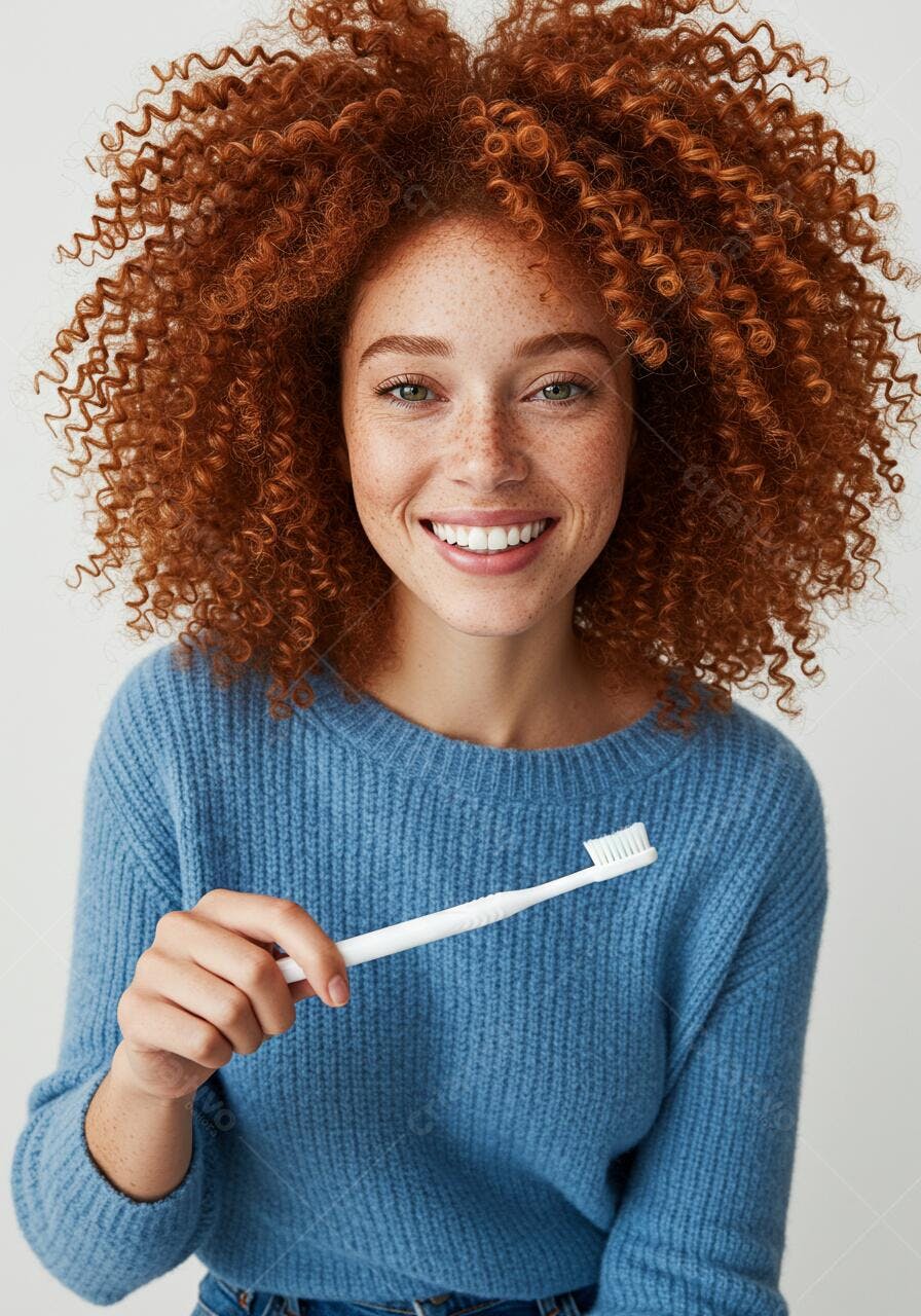 Mulher ruiva sorrindo com escova de dentes