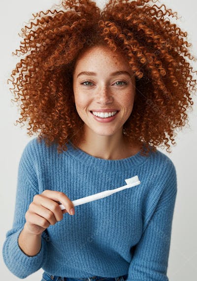 Mulher ruiva sorrindo com escova de dentes