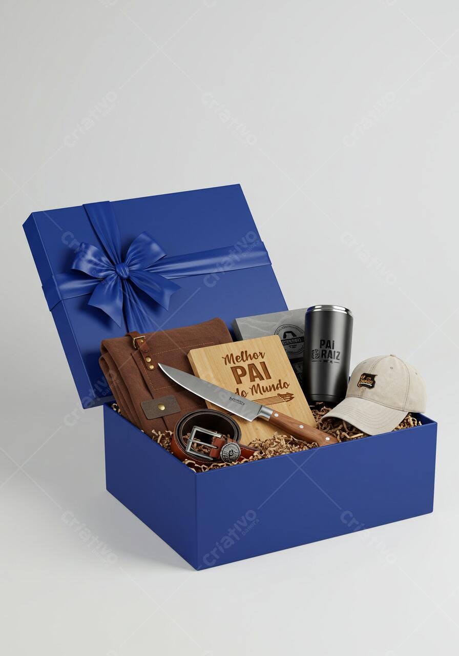 Caixa de presente para o Dia dos Pais com itens marrons e azuis