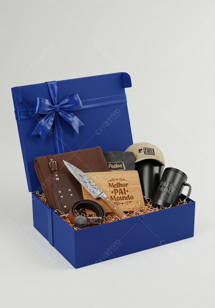 Caixa de presente para o Dia dos Pais com itens marrons e azul