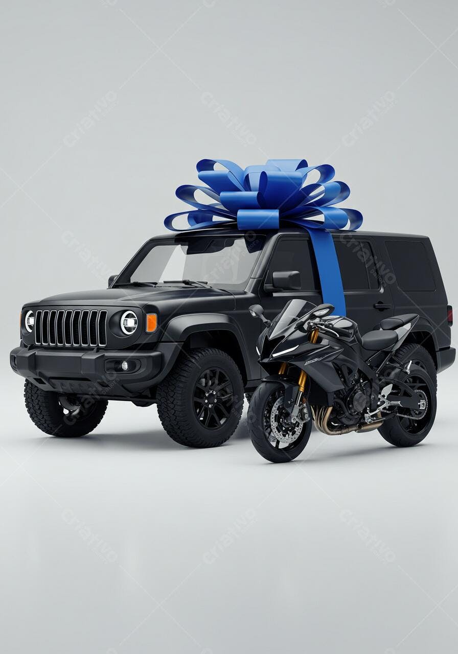 Carro e moto de presente com laço azul