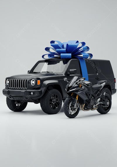 Carro e moto de presente com laço azul