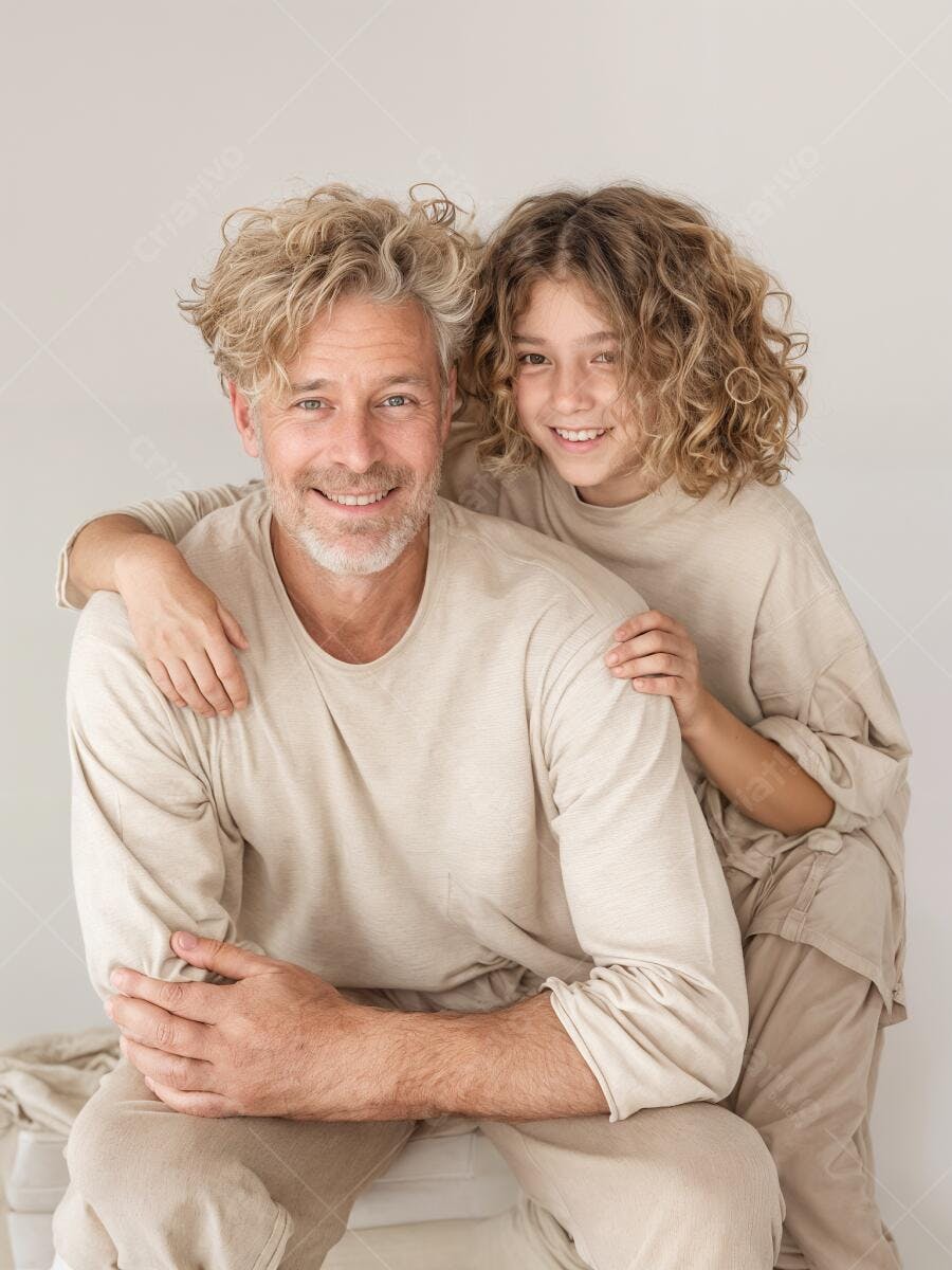 Pai e filha sorrindo juntos em tons neutros