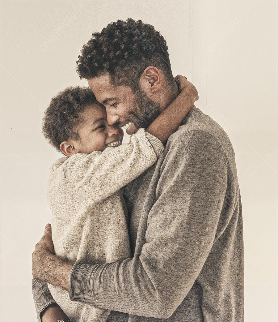 Pai e filho abraçados sorrindo fundo neutro