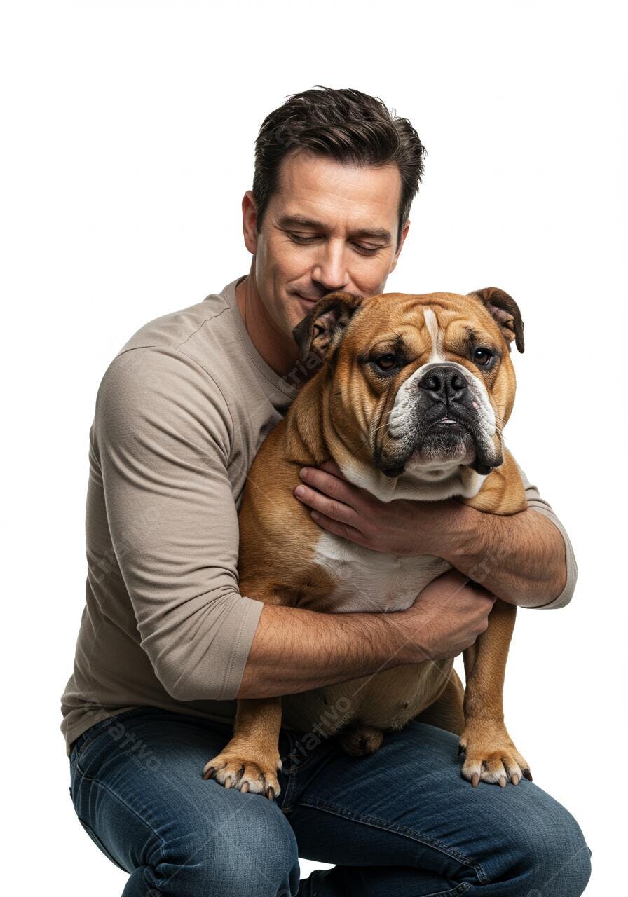 Homem abraçando Bulldog Inglês marrom