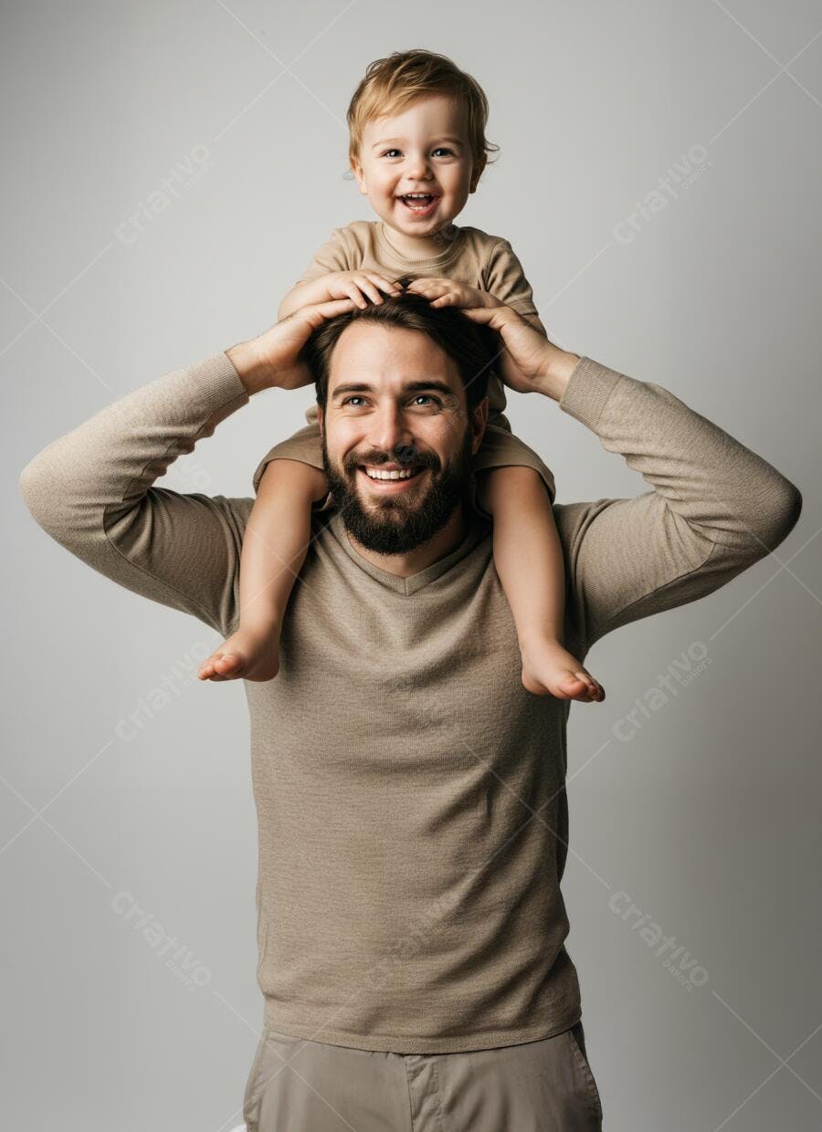 Pai e filho sorrindo fundo neutro