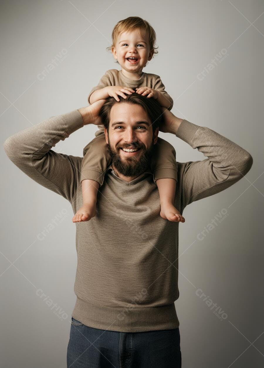 Pai e filho sorrindo fundo neutro