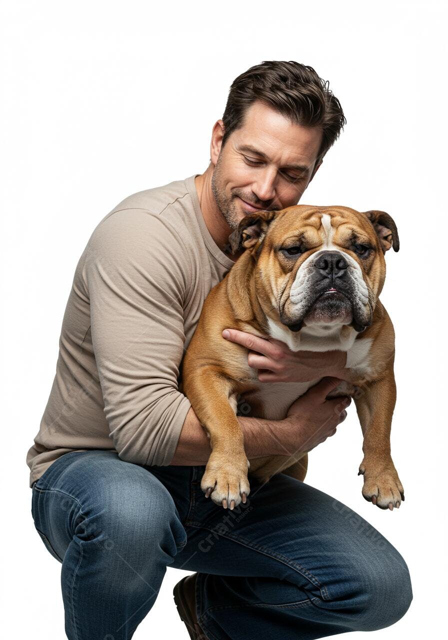 Homem abraçando Bulldog Inglês carinhoso