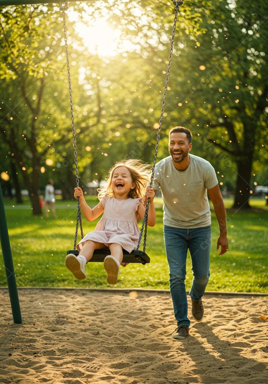 Pai impulsionando filha em balanço no parque